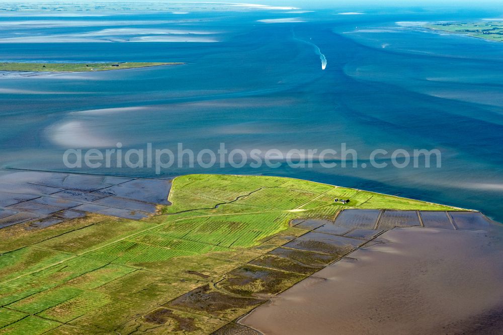 Reußenköge from the bird's eye view: Peninsula with land access and shore area of the Hamburger Hallig in Reussenkoege in the state Schleswig-Holstein, Germany