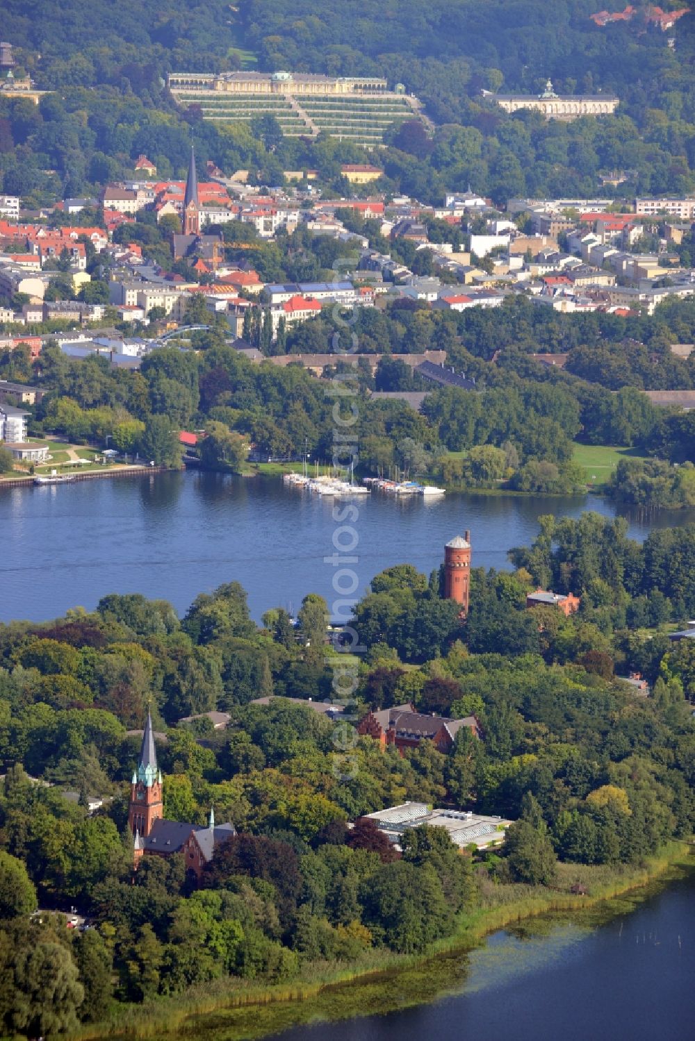 Potsdam from the bird's eye view: View of peninsula Hermannswerder in Potsdam in Brandenburg