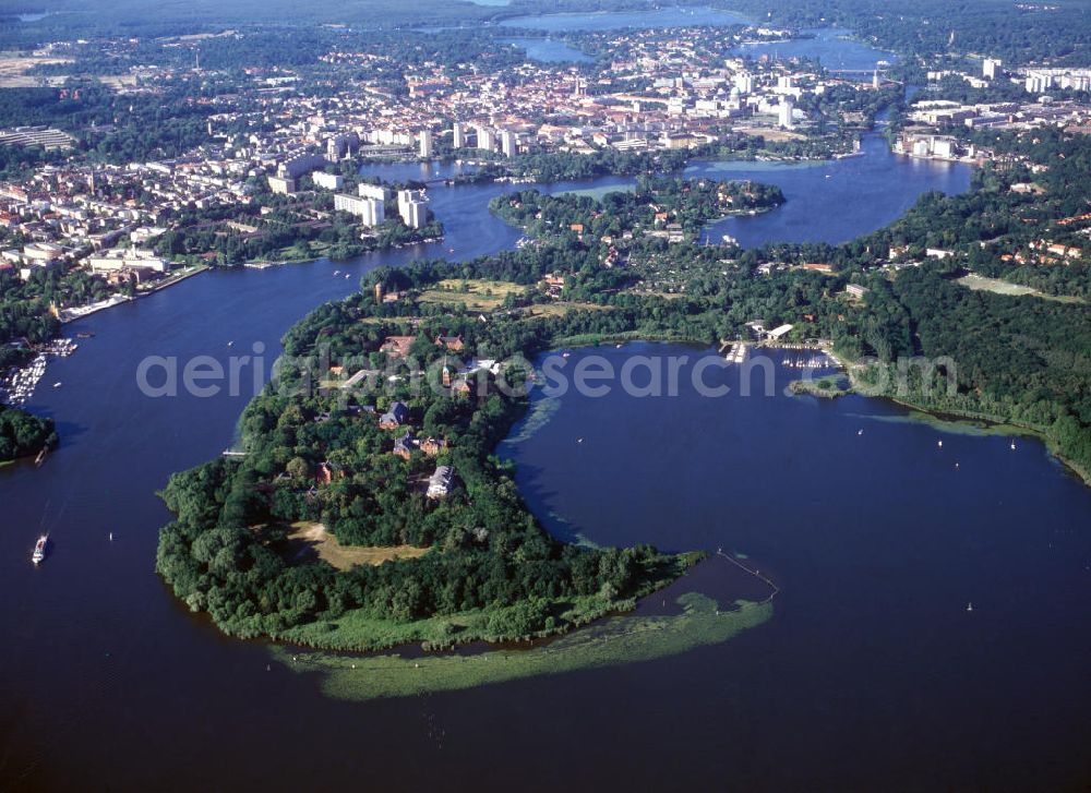 Potsdam from above - Herrmannswerder, auch Tornow, ist eine Halbinsel, die in den Templiner See hineinragt. The Herrmannswerder peninsula in the lake Templiner See.