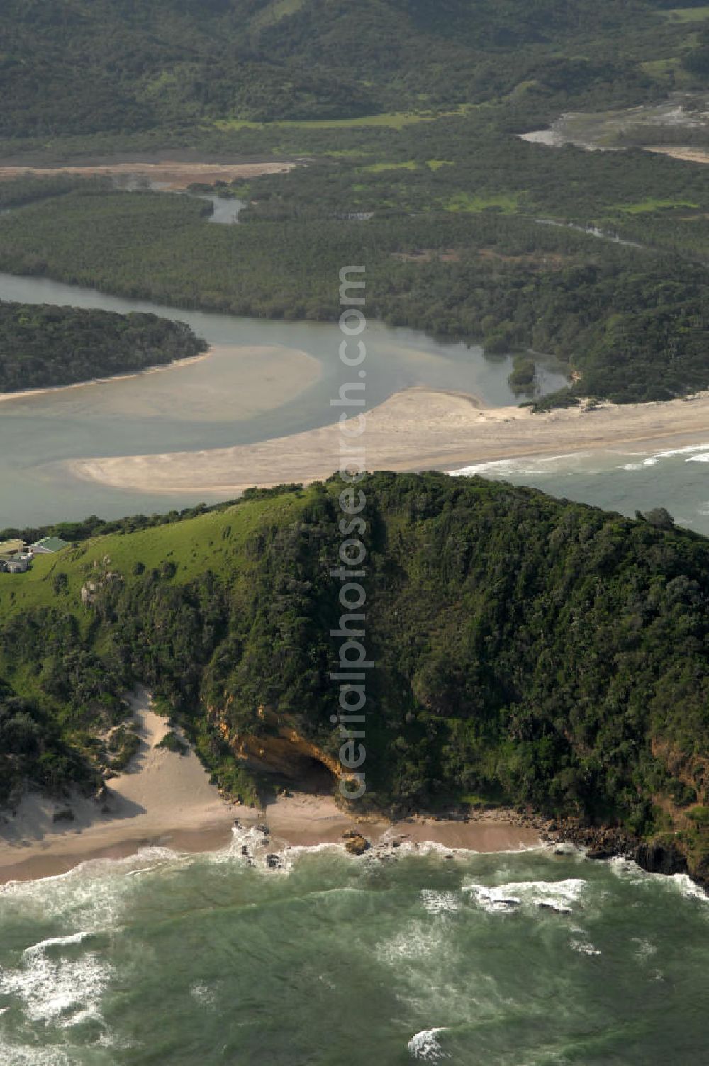 MQALENI from the bird's eye view: Peninsula with the provincial town Mqaleni at the coast of South Africa