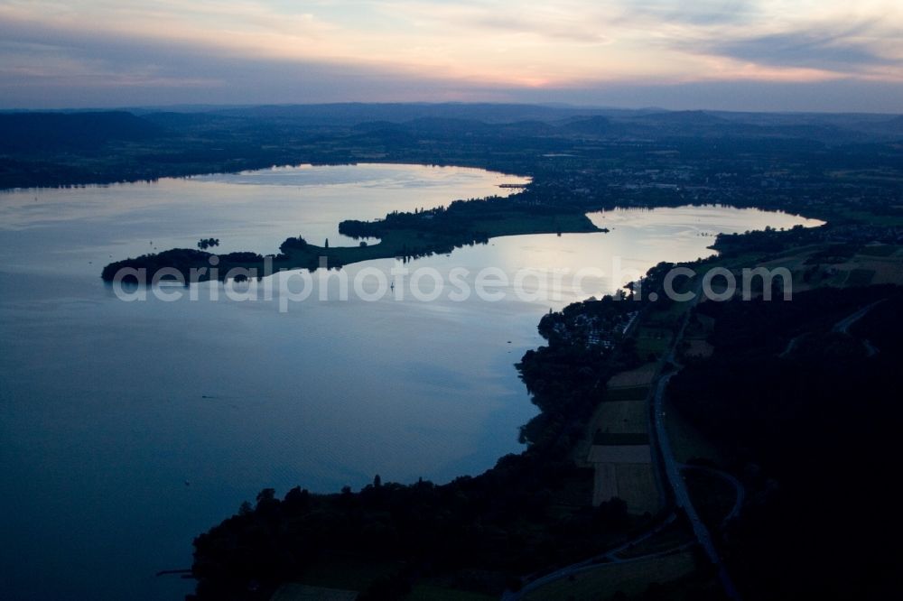 Radolfzell am Bodensee from above - Lake HAlf-Island Mettnau at sunset in Radolfzell am Bodensee in the state Baden-Wuerttemberg