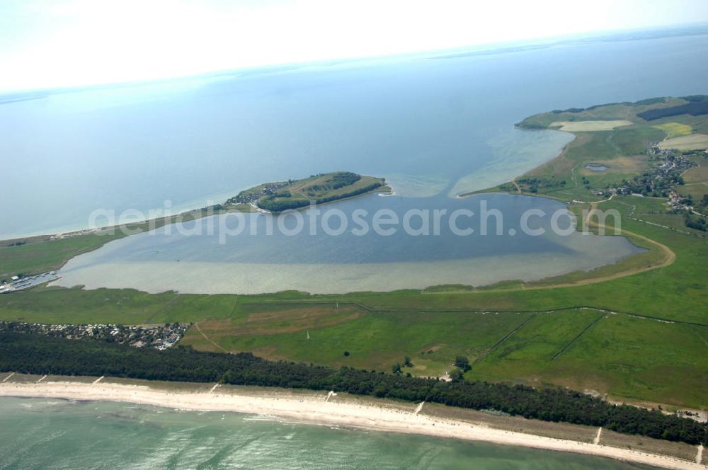 Aerial photograph Groß Zicker - Blick über die Halbinsel Zicker an der Ostsee im Biosphärenreservat Südost Rügen und den Greiswalder Bodden - Mecklenburg-Vorpommern MV auf die Halbinsel Mönchgut. View over the peninsula Zicker on the Baltic Sea at the biospheres reserve / preserve southeast Ruegen und the Greisfwalder Bodden - Mecklenburg-Western Pomerania onto the peninsula Mönchgut.