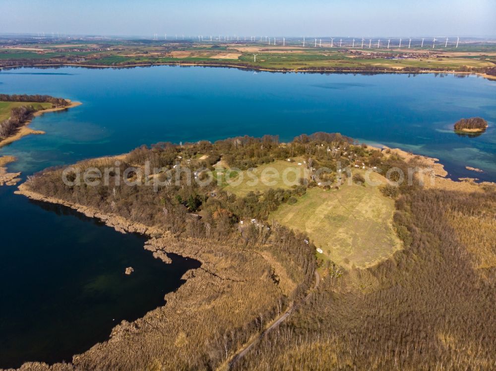 Chorin from the bird's eye view: Peninsula with land access and shore area on the Pehlitzwerder in Chorin in the state Brandenburg, Germany
