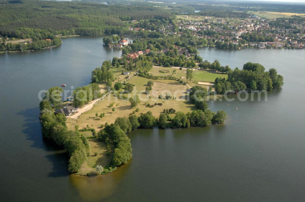 Feldberg from above - Blick auf die Halbinsel Amtswerder im Haussee in Feldberg in Feldberg - Mecklenburg-Vorpommern MV. View of the peninsula Amtswerder in the lake Haussee in Feldberg - Mecklenburg-Western Pomerania.