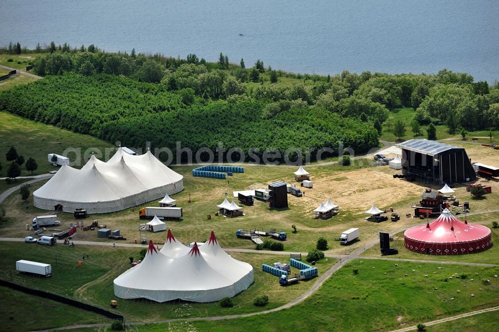 Muldestausee from above - Preparations for the Sputnik Spring Break 2012 Festival on the Pouch peninsula in the town of Muldestausee in Saxony-Anhalt