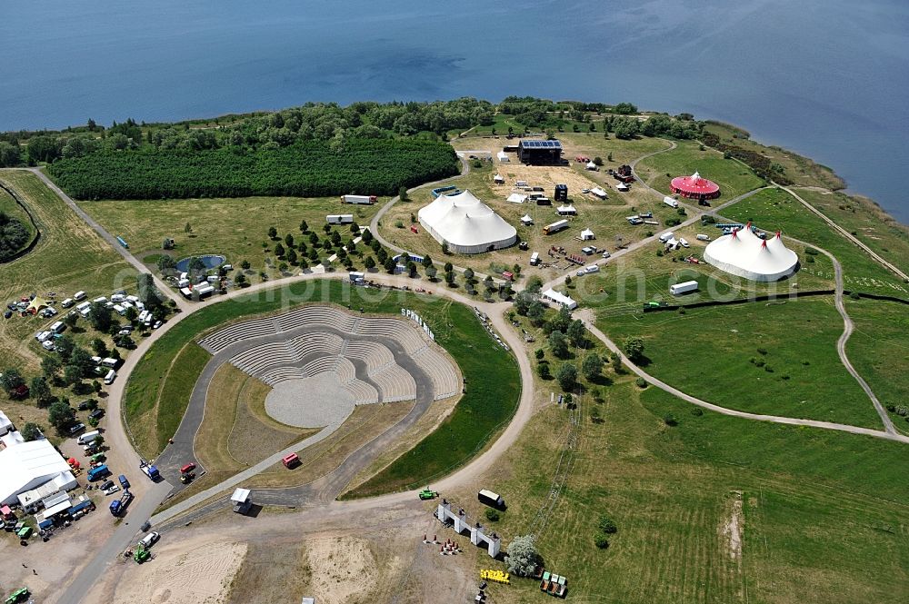 Aerial photograph Muldestausee - Preparations for the Sputnik Spring Break 2012 Festival on the Pouch peninsula in the town of Muldestausee in Saxony-Anhalt