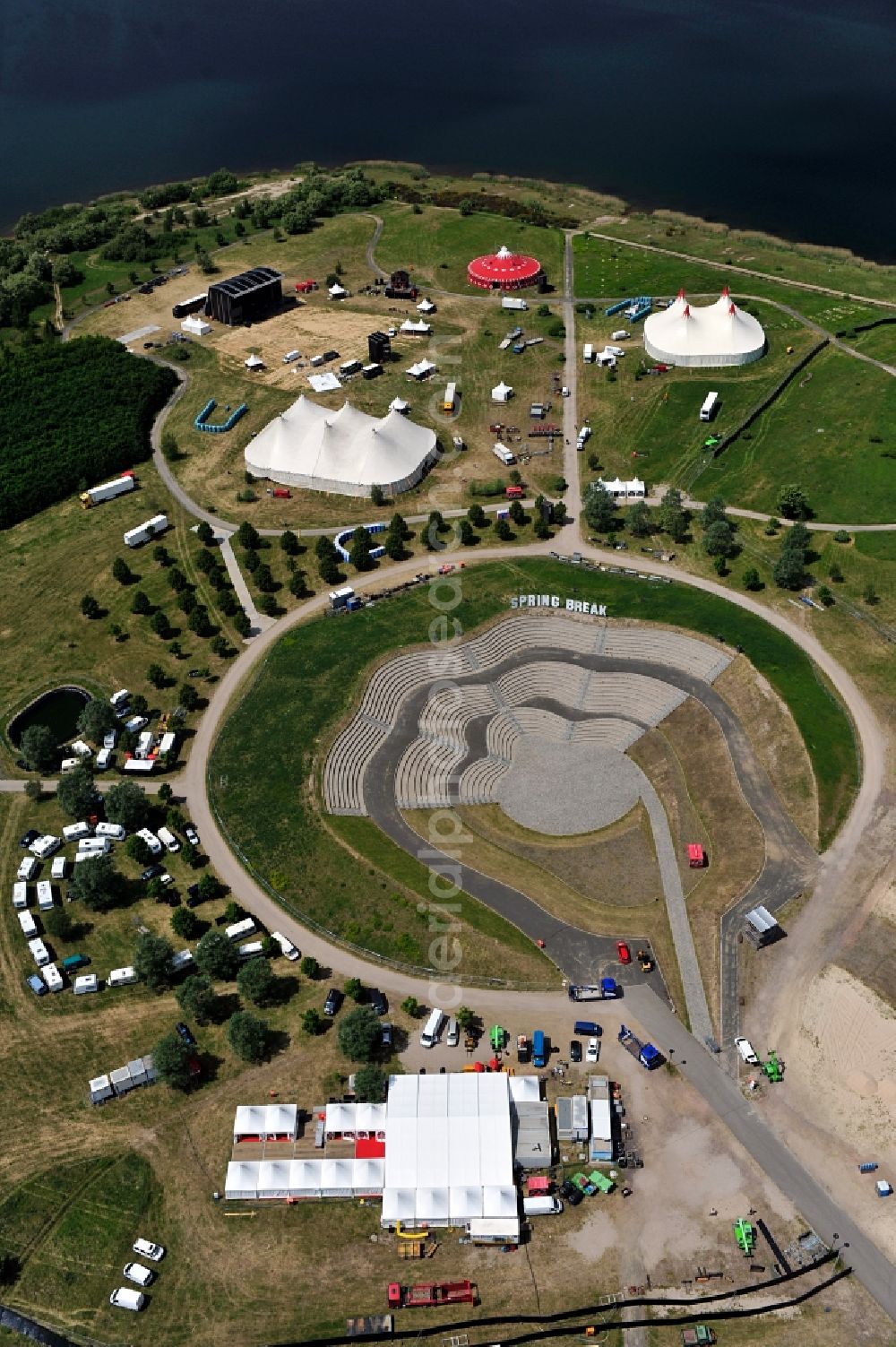 Muldestausee from above - Preparations for the Sputnik Spring Break 2012 Festival on the Pouch peninsula in the town of Muldestausee in Saxony-Anhalt