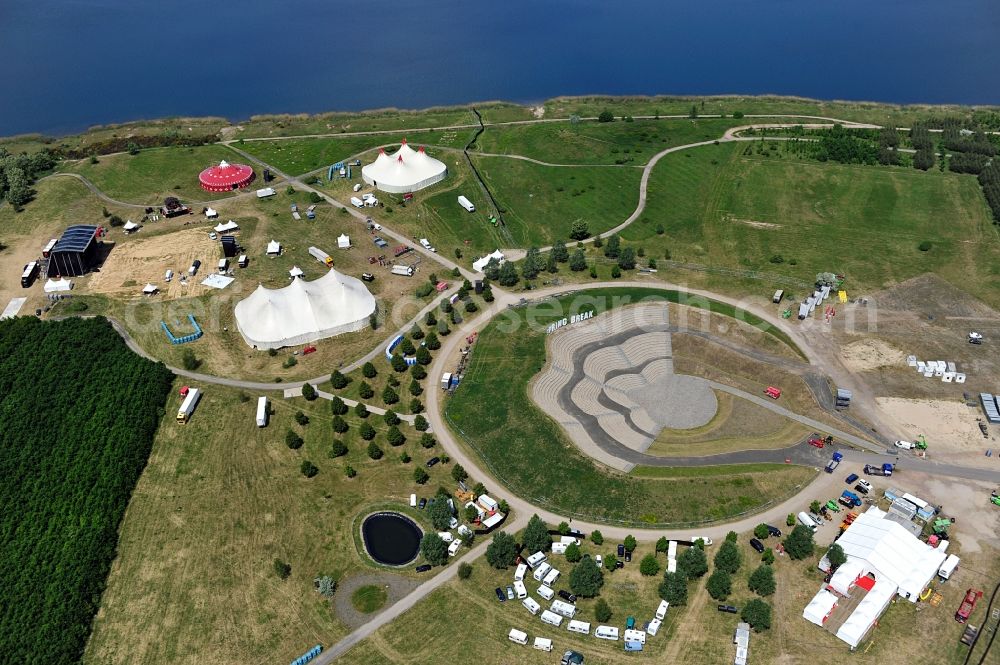 Aerial image Muldestausee - Preparations for the Sputnik Spring Break 2012 Festival on the Pouch peninsula in the town of Muldestausee in Saxony-Anhalt