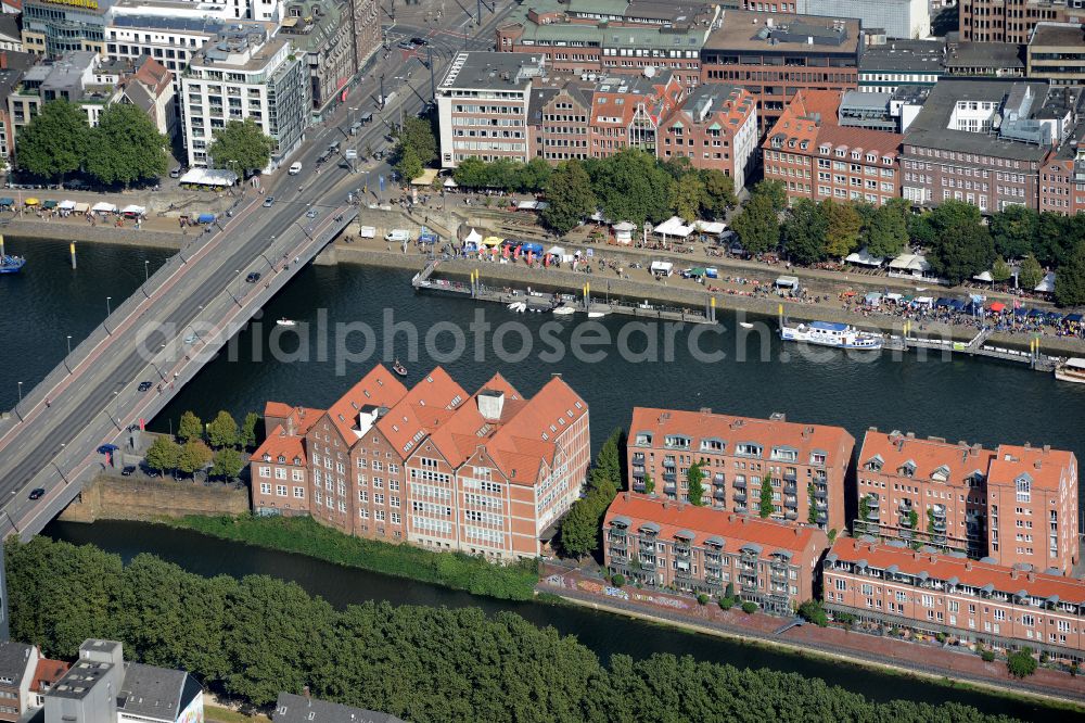 Bremen from above - Teerhof Peninsula between the rivers Weser and Kleine Weser in front of the historic town centre of Bremen in Germany. The Museum of Modern Art Weserbug is located in the North of the isle