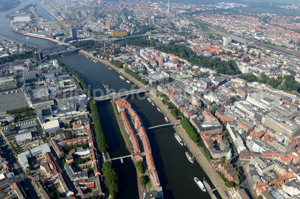 Bremen from above - Teerhof Peninsula between the rivers Weser and Kleine Weser in front of the historic town centre of Bremen in Germany. The Museum of Modern Art Weserbug is located in the North of the isle