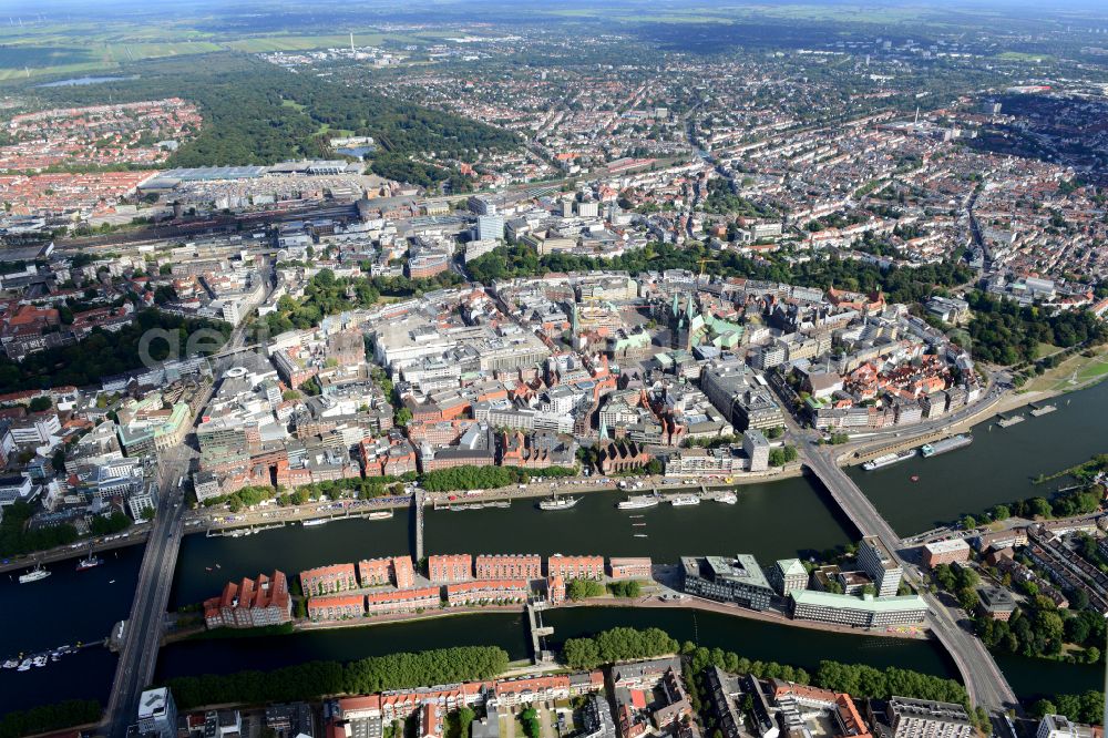 Bremen from above - Teerhof Peninsula between the rivers Weser and Kleine Weser in front of the historic town centre of Bremen in Germany. The Museum of Modern Art Weserbug is located in the North of the isle