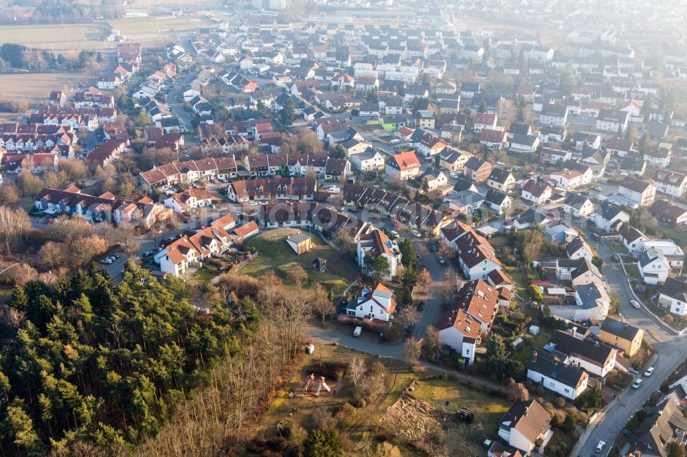 Ober-Ramstadt from the bird's eye view: Village view with half-round - shaped streets in the center of the village in Ober-Ramstadt in the state Hesse, Germany