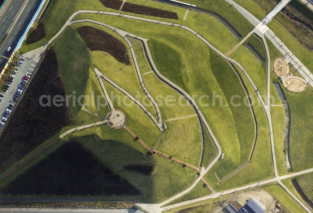 Dortmund from above - View of the Lake Phoenix in Dortmund in the state North Rhine-Westphalia. Heap at the Phoenix Lake with viewing platform and walking trails along the waterfront of the Phoenix Lake in Dortmund in North Rhine-Westphalia