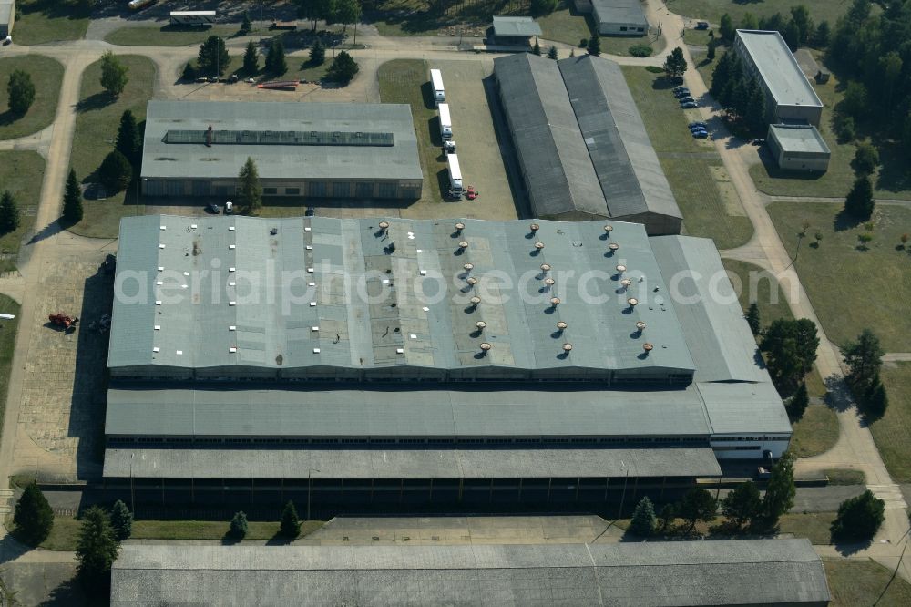 Aerial image Grünheide (Mark) - Industrial and commercial area in the Hangelsberg part of the borough of Gruenheide (Mark) in the state of Brandenburg. The site includes several large halls as well as industrial and office buildings