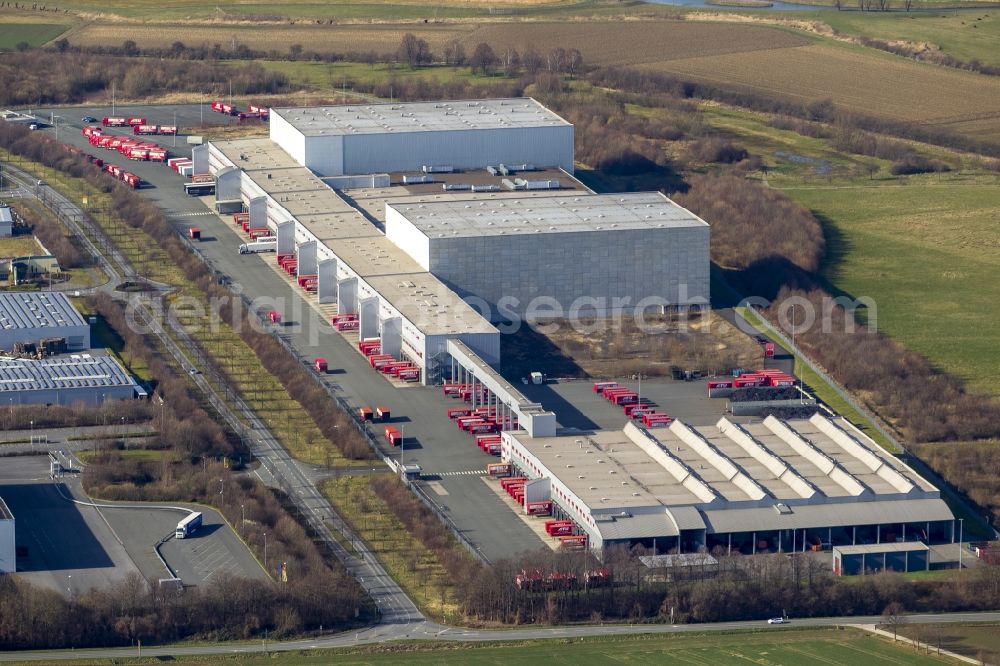 Werl from the bird's eye view: Warehouse logistics and distribution center of the central warehouse and the shipping of the car accessories dealer ATU in Werl in the state of North Rhine-Westphalia