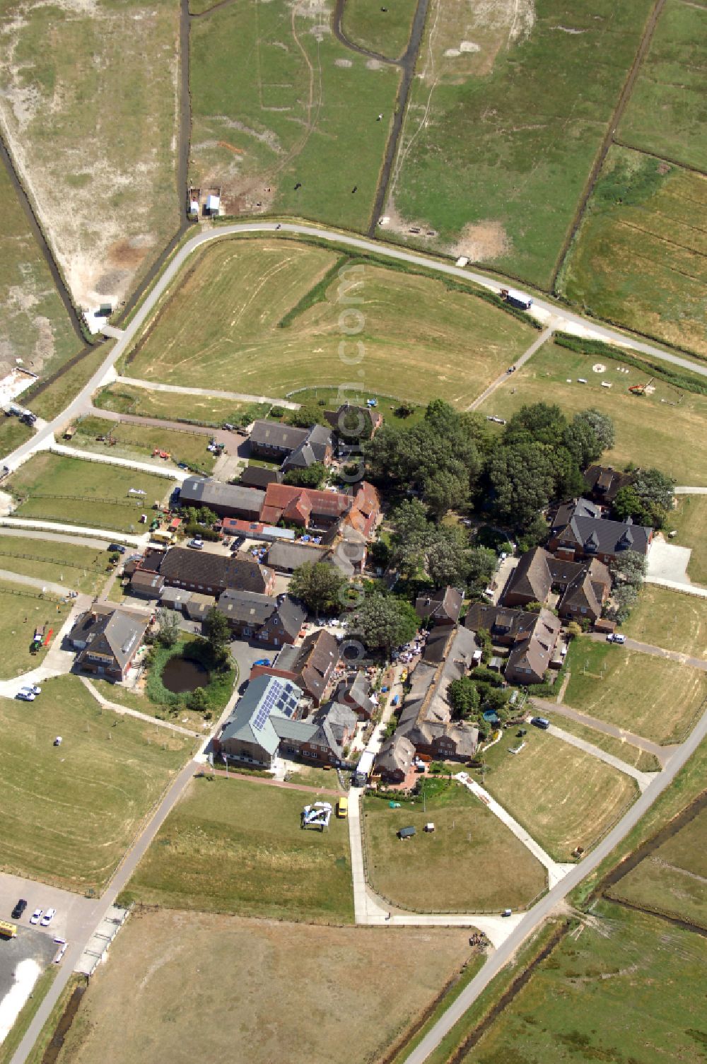 Hooge from above - Green space structures a Hallig Landscape on street Hanswarft in Hooge North Friesland in the state Schleswig-Holstein, Germany