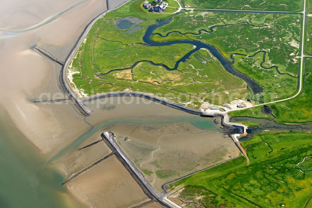 Aerial image Langeneß - Green space structures a Hallig Landscape the North Sea island in Langeness North Friesland in the state Schleswig-Holstein, Germany