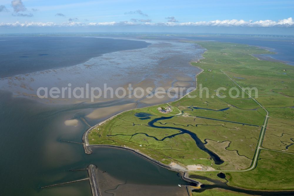 Aerial image Langeneß - Green space structures a Hallig Landscape the North Sea island in Langeness North Friesland in the state Schleswig-Holstein, Germany