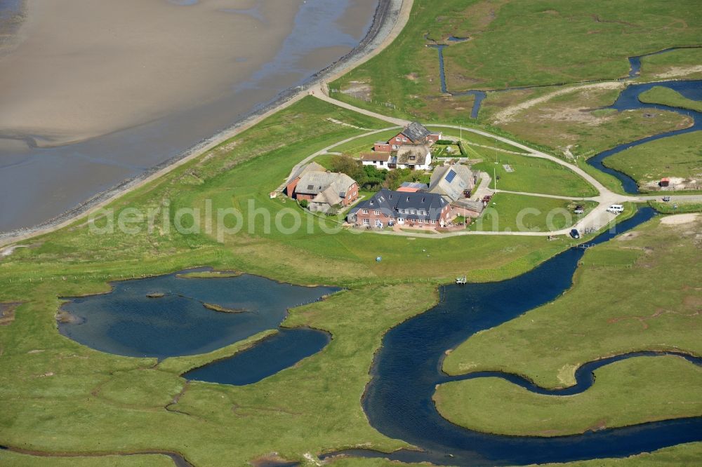 Aerial photograph Langeneß - Green space structures a Hallig Landscape the North Sea island in Langeness North Friesland in the state Schleswig-Holstein, Germany