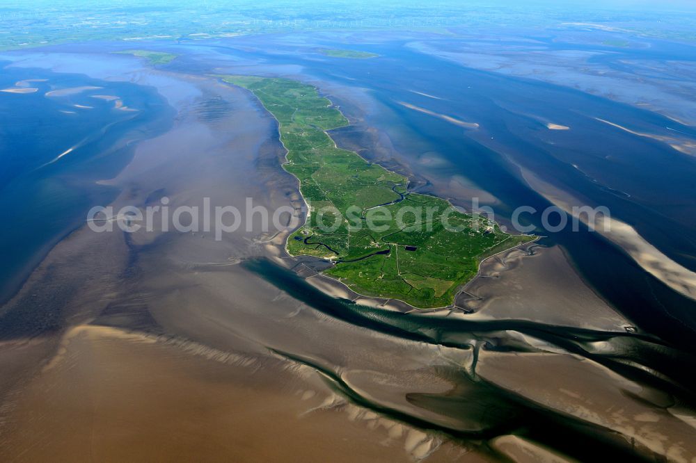 Aerial photograph Langeneß - Green space structures a Hallig Landscape the North Sea island in Langeness North Friesland in the state Schleswig-Holstein, Germany