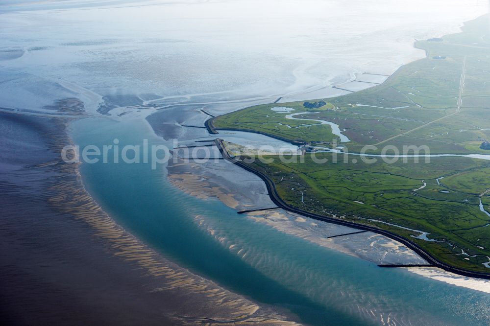 Langeneß from the bird's eye view: Green space structures a Hallig Landscape the North Sea island in Langeness North Friesland in the state Schleswig-Holstein, Germany