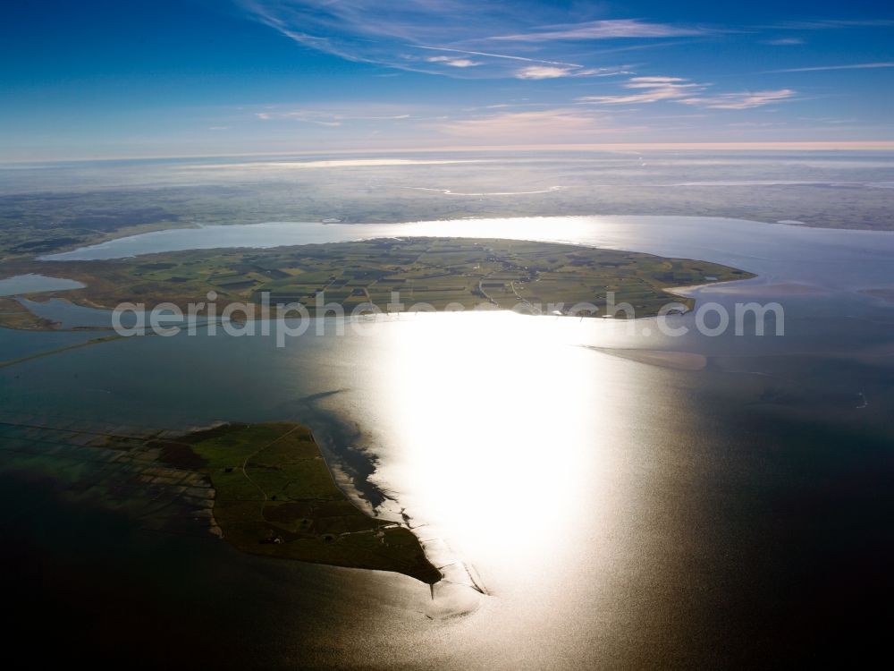 Aerial image Nordstrandischmoor - Green space structures a Hallig Landscape in the North Sea in Nordstrandischmoor with north beach in the background in the state Schleswig-Holstein, Germany