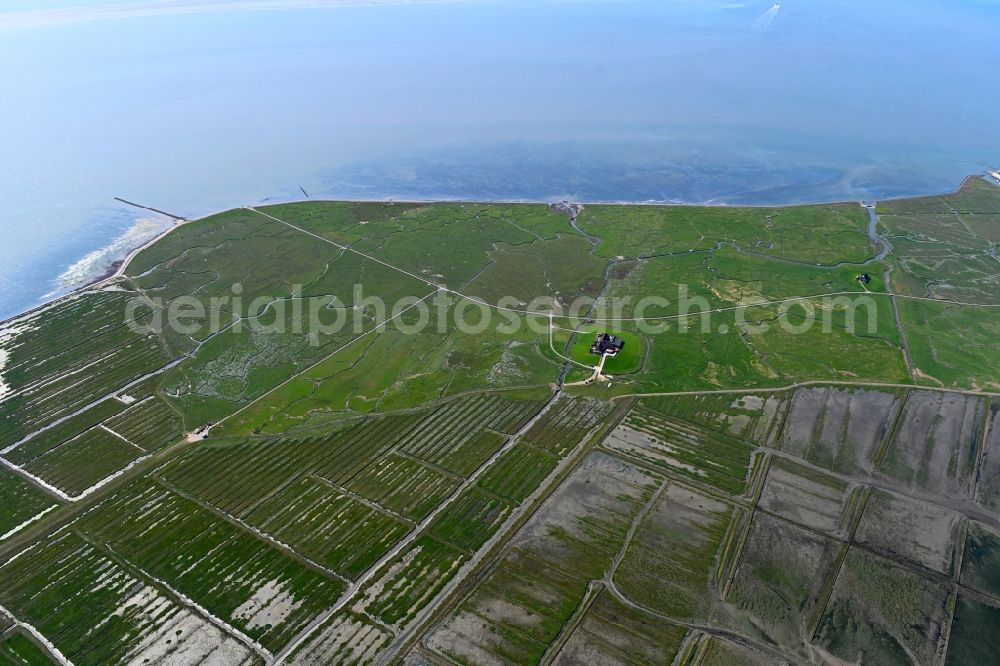 Aerial photograph Nordstrandischmoor - Green space structures a Hallig Landscape in the North Sea in Nordstrandischmoor in the state Schleswig-Holstein, Germany