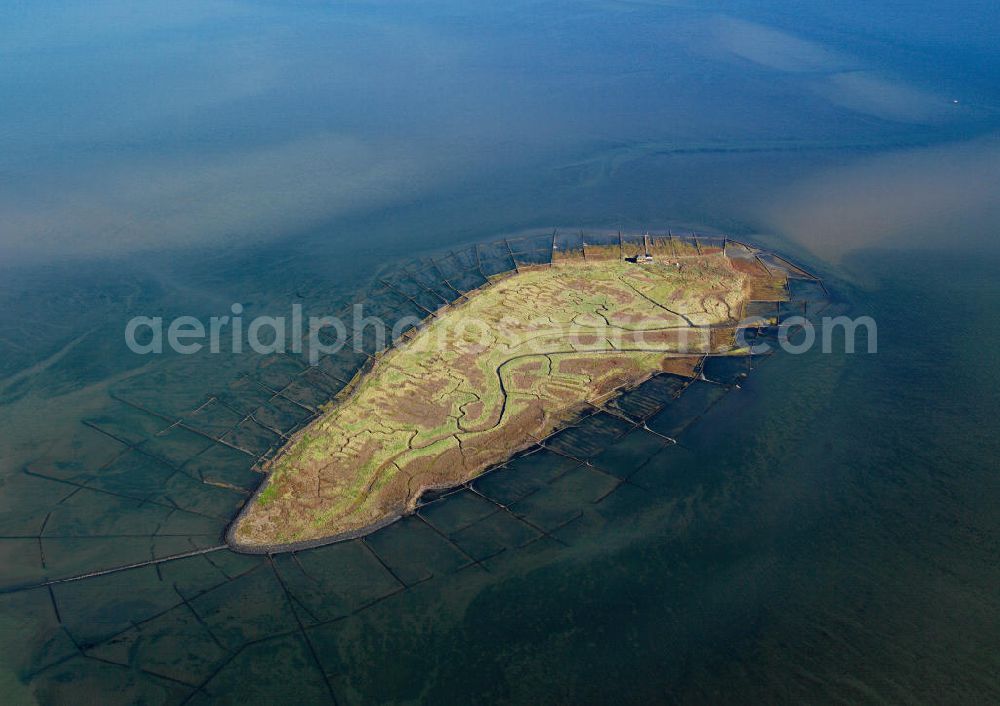 Aerial photograph NORDEROOG - Blick auf die Insel Norderoog (friesisch Noorderuug), sie ist eine Hallig im Wattenmeer, vor der Westküste von Schleswig-Holstein. Die Hallig Norderoog - auch als Vogelhallig bekannt - ist das wichtigste deutsche Brutgebiet der Brandseeschwalbe, gehört dem Verein Jordsand.