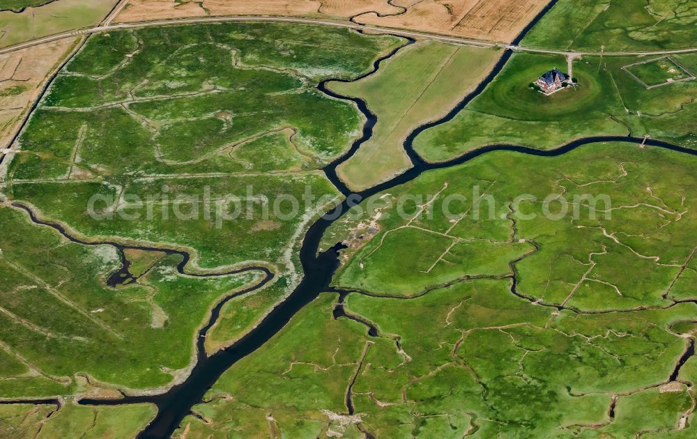 Aerial image Nordstrand - Grassy structures of the Hallig landscape Nordstrandischmoor in Nordstrand Nordfriesland in the state Schleswig-Holstein, Germany