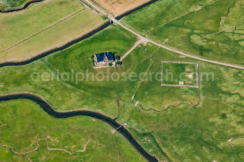 Nordstrand from the bird's eye view: Grassy structures of the Hallig landscape Nordstrandischmoor in Nordstrand Nordfriesland in the state Schleswig-Holstein, Germany