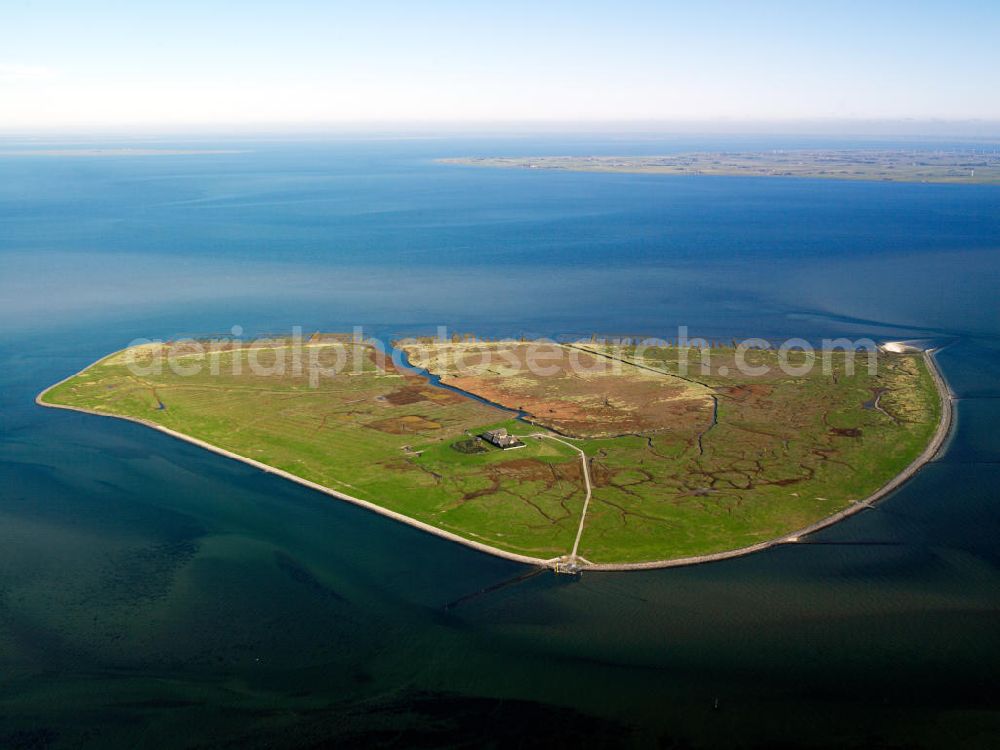 Aerial image SÜDERDEROOG - Die Insel Süderoog (friesisch Saruug, Saaruuch) ist eine Hallig im nordfriesischen Wattenmeer, vor der Westküste von Schleswig-Holstein. Sie gehört verwaltungsmäßig zur Gemeinde Pellworm und ist ein Vogelschutzgebiet. The island Süderoog is a holm in the North Frisian Wadden Sea, off the west coast of Schleswig-Holstein.