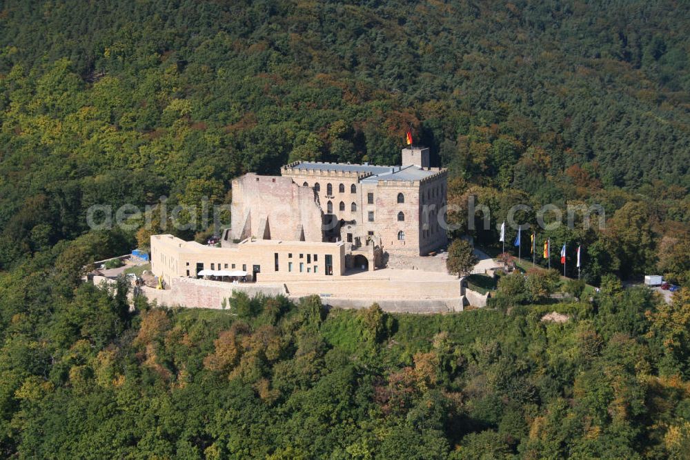 Hambach from the bird's eye view: Das Hambacher Schloss in Hambach, Rheinland-Pfalz, war ursprünglich eine Burg. Sie wurde etwa im 11. Jahrhundert erbaut. Wegen des Hambacher Festes 1832, was eine Protestveranstaltung war, gilt das Schloss heute als Symbol der deutschen Demokratie. The castle of Hambach in Rhineland-Palatinate, was possibly built in the 11 century. Because of the Festival of Hambach, which was in real a protest meeting, the castle is a sign for the German democracy.