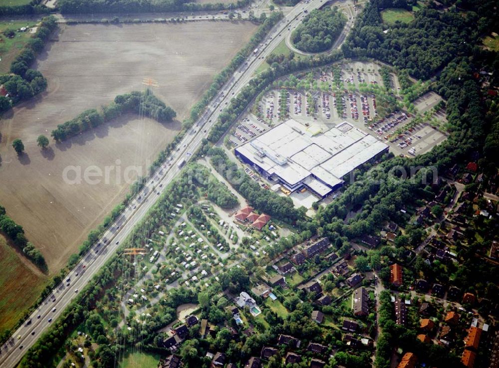 Hamburg from the bird's eye view: Hamburg IKEA-Einrichtungshaus an der Autobahn A7 im Bereich der Abfahrt Schnelsen in Hamburg Campingplatz in Schnelsen hinter dem IKEA-Einrichtungshaus an der Autobahn A7 in Hamburg 06.09.03