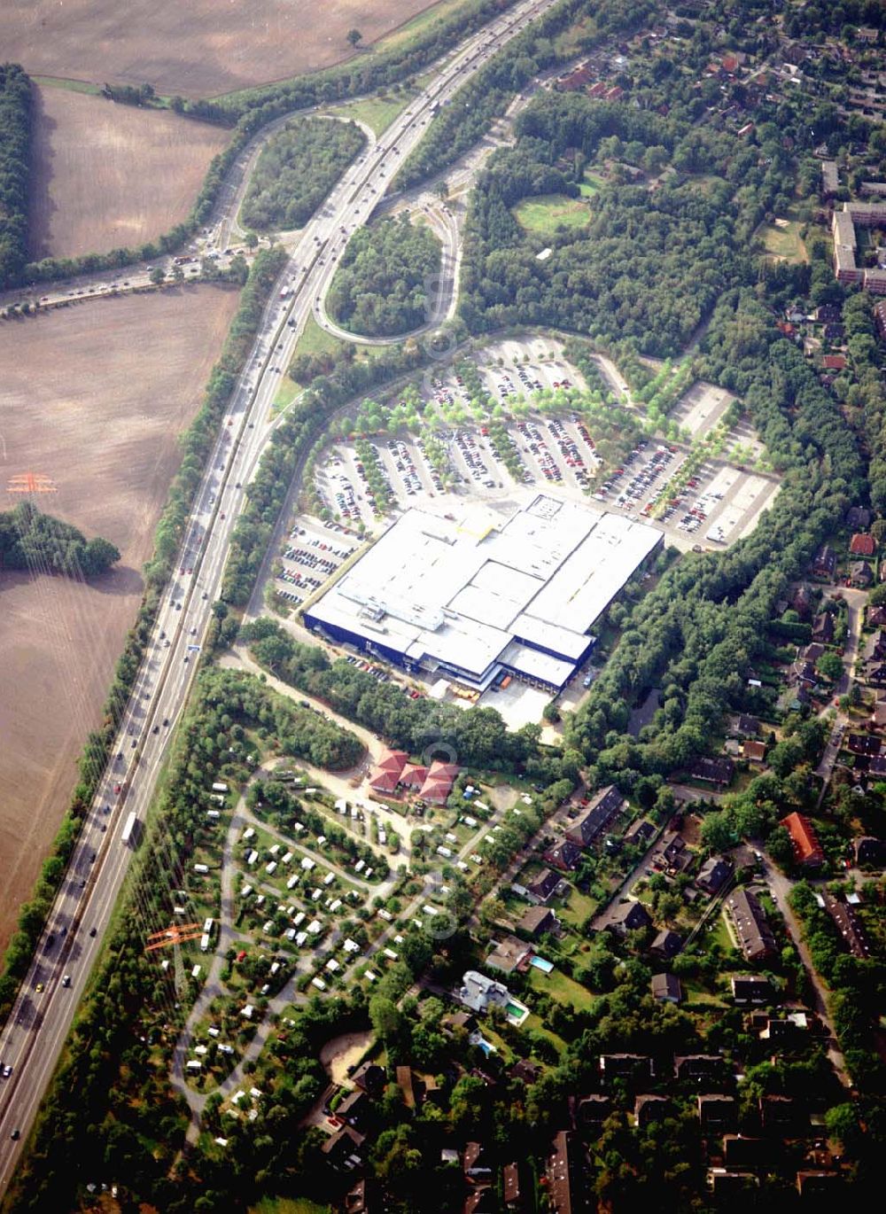 Aerial photograph Hamburg - Hamburg IKEA-Einrichtungshaus an der Autobahn A7 im Bereich der Abfahrt Schnelsen in Hamburg Campingplatz in Schnelsen hinter dem IKEA-Einrichtungshaus an der Autobahn A7 in Hamburg 06.09.03