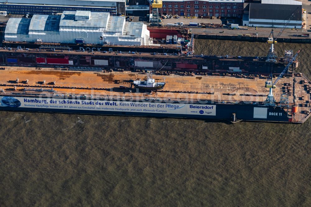 Aerial image Hamburg - Hamburg dry dock 11 with the ship Spirit of Ginette The builder of the yacht is Svendborg Skibsvaerft from Denmark on the Blohm and Voss Dock Elbe in Hamburg