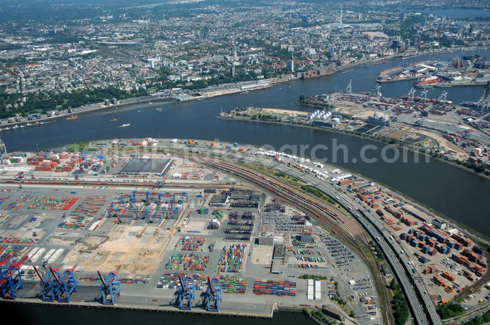 Hamburg from the bird's eye view: Blick auf den HHLA Container Terminal Burchardkai am Waltershofer Hafen, ein Teil vom Hamburger Hafen im Bereich Waltershof. Kontakt: Hamburger Hafen und Logistik AG, Bei St. Annen 1, 20457 Hamburg, Tel. +49(0)40 3088-1, Fax +49(0)40 3088-3355, info@hhla.de