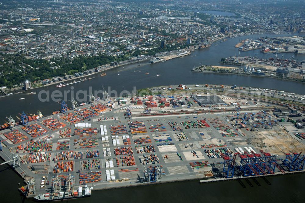 Aerial image Hamburg - Blick auf den HHLA Container Terminal Burchardkai am Waltershofer Hafen, ein Teil vom Hamburger Hafen im Bereich Waltershof. Kontakt: Hamburger Hafen und Logistik AG, Bei St. Annen 1, 20457 Hamburg, Tel. +49(0)40 3088-1, Fax +49(0)40 3088-3355, info@hhla.de