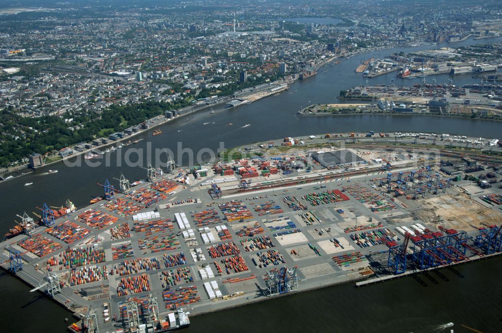 Aerial photograph Hamburg - Blick auf den HHLA Container Terminal Burchardkai am Waltershofer Hafen, ein Teil vom Hamburger Hafen im Bereich Waltershof. Kontakt: Hamburger Hafen und Logistik AG, Bei St. Annen 1, 20457 Hamburg, Tel. +49(0)40 3088-1, Fax +49(0)40 3088-3355, info@hhla.de