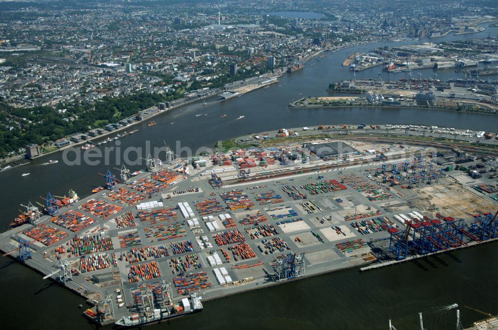 Hamburg from above - Blick auf den HHLA Container Terminal Burchardkai am Waltershofer Hafen, ein Teil vom Hamburger Hafen im Bereich Waltershof. Kontakt: Hamburger Hafen und Logistik AG, Bei St. Annen 1, 20457 Hamburg, Tel. +49(0)40 3088-1, Fax +49(0)40 3088-3355, info@hhla.de