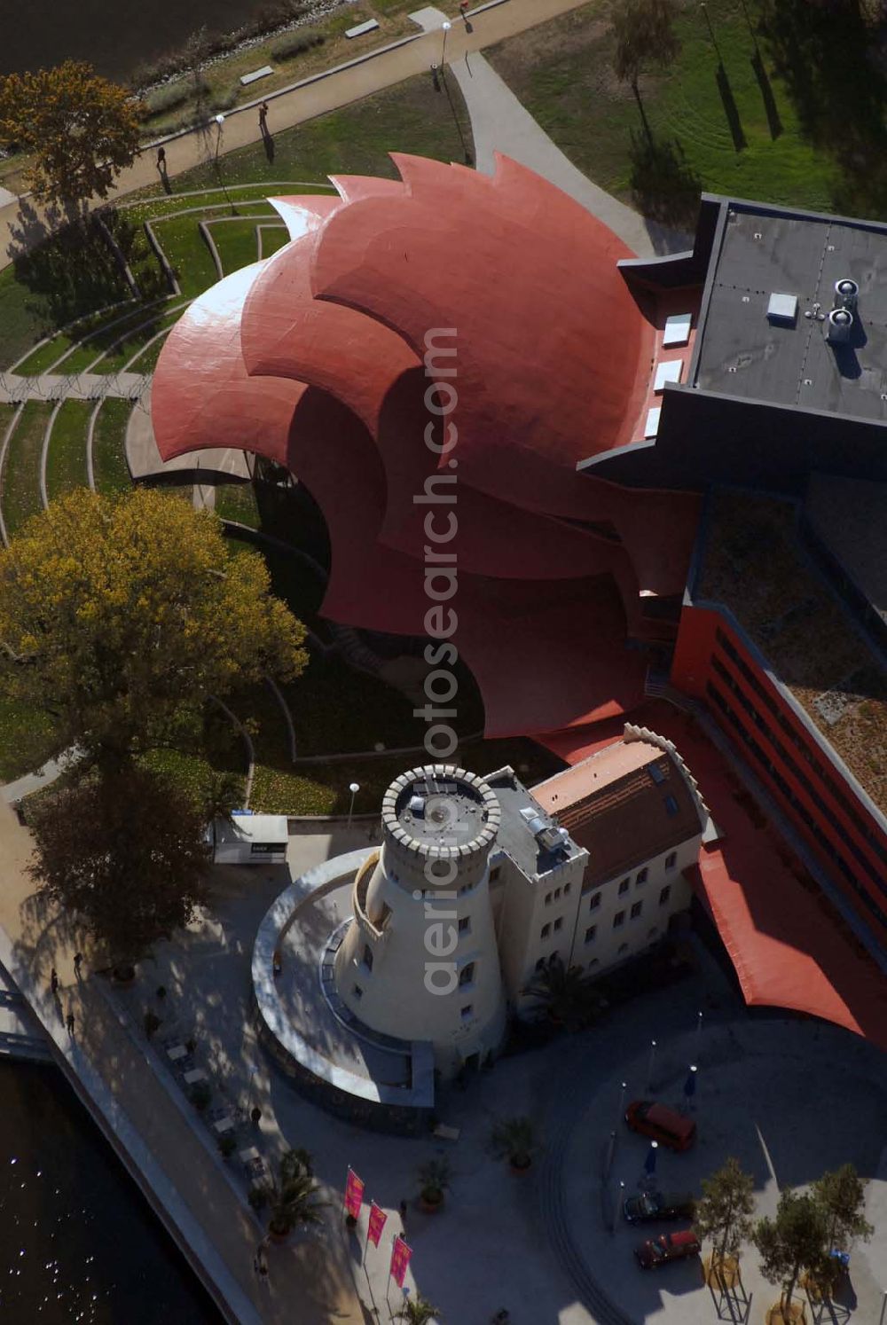 Aerial image Potsdam - Blick auf das Hans Otto Theater in der Schiffbauergasse 11, 14467 Potsdam - Telefon: (0331) 981 18 - http://