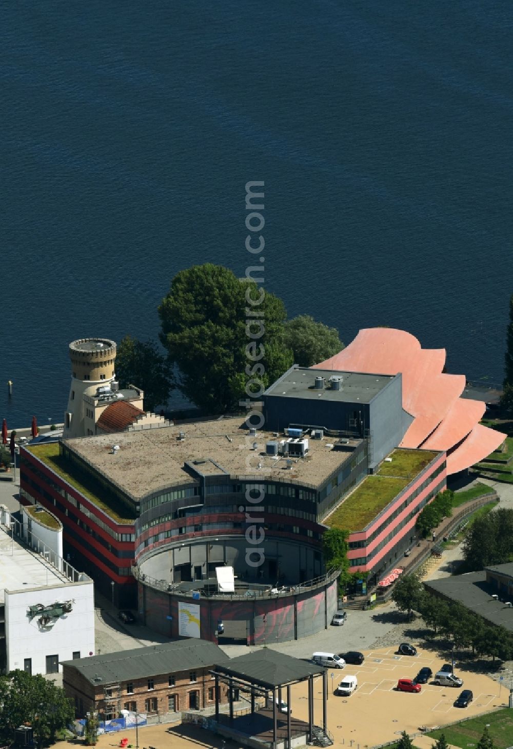 Potsdam from the bird's eye view: View of the Hans Otto Theater on the cultural and commercial location in Schiffbauergasse in Potsdam