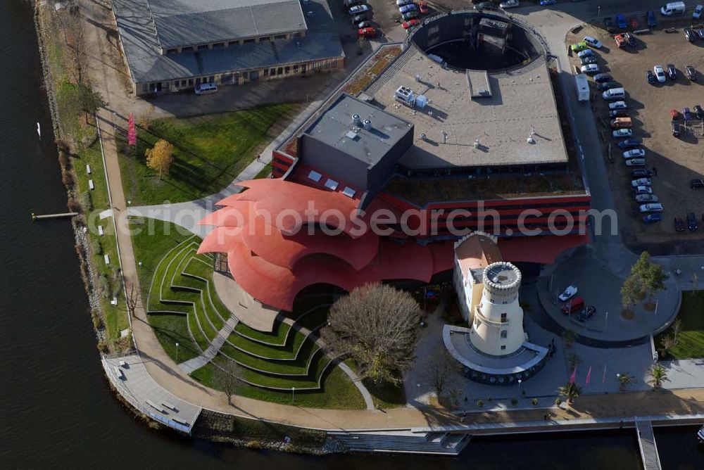 Aerial image Potsdam - Blick auf das Hans Otto Theater in der Schiffbauergasse 11, 14467 Potsdam - Telefon: (0331) 981 18 - http://