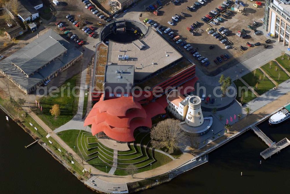 Aerial photograph Potsdam - Blick auf das Hans Otto Theater in der Schiffbauergasse 11, 14467 Potsdam - Telefon: (0331) 981 18 - http://