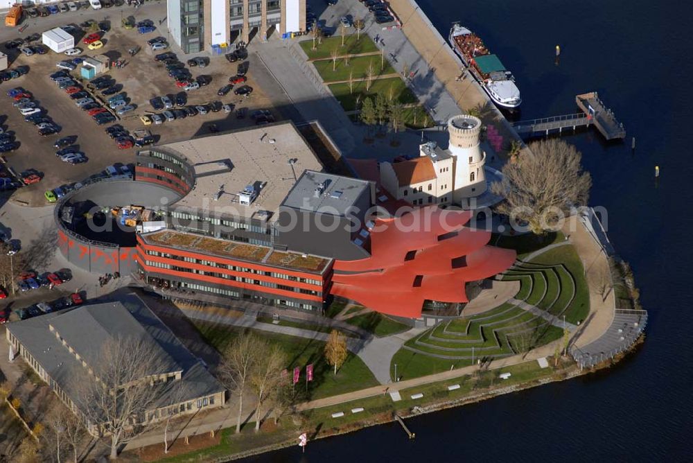 Aerial image Potsdam - Blick auf das Hans Otto Theater in der Schiffbauergasse 11, 14467 Potsdam - Telefon: (0331) 981 18 - http://