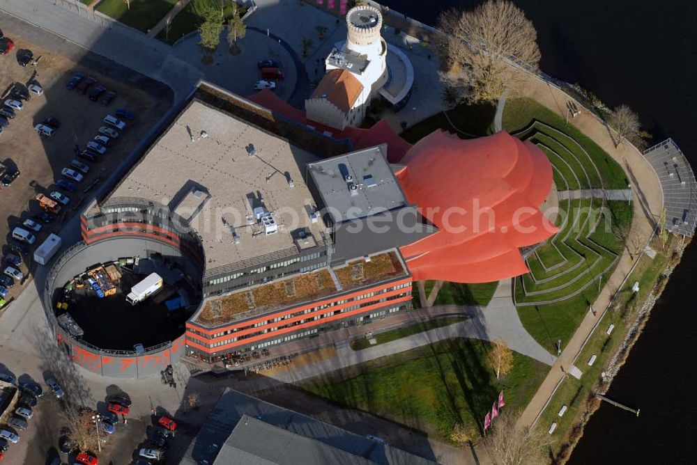 Aerial photograph Potsdam - Blick auf das Hans Otto Theater in der Schiffbauergasse 11, 14467 Potsdam - Telefon: (0331) 981 18 - http://