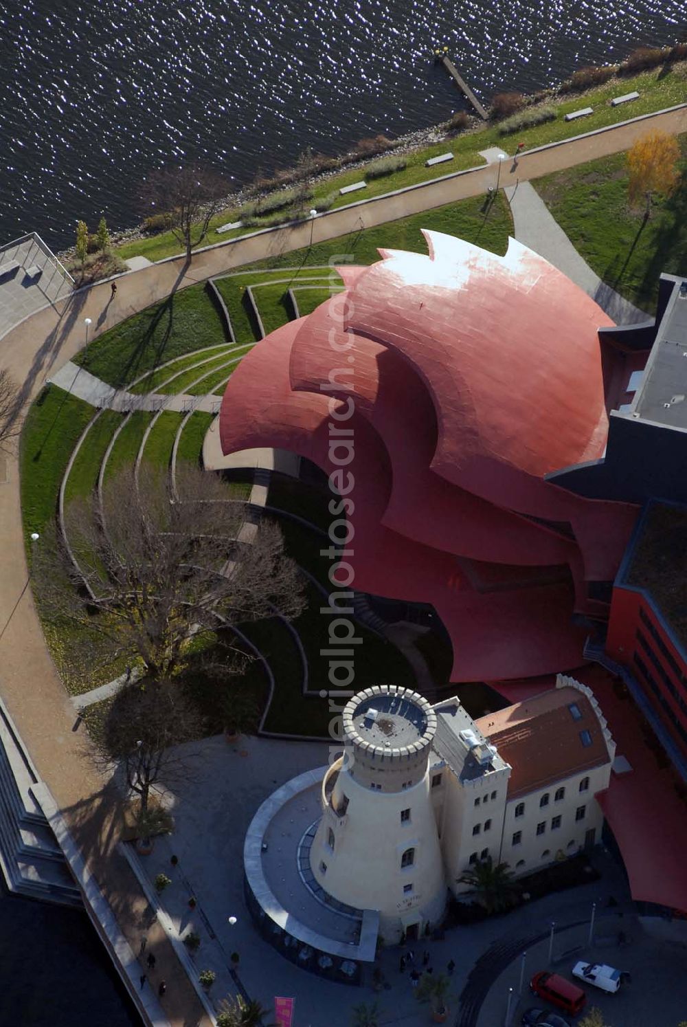 Aerial image Potsdam - Blick auf das Hans Otto Theater in der Schiffbauergasse 11, 14467 Potsdam - Telefon: (0331) 981 18 - http://