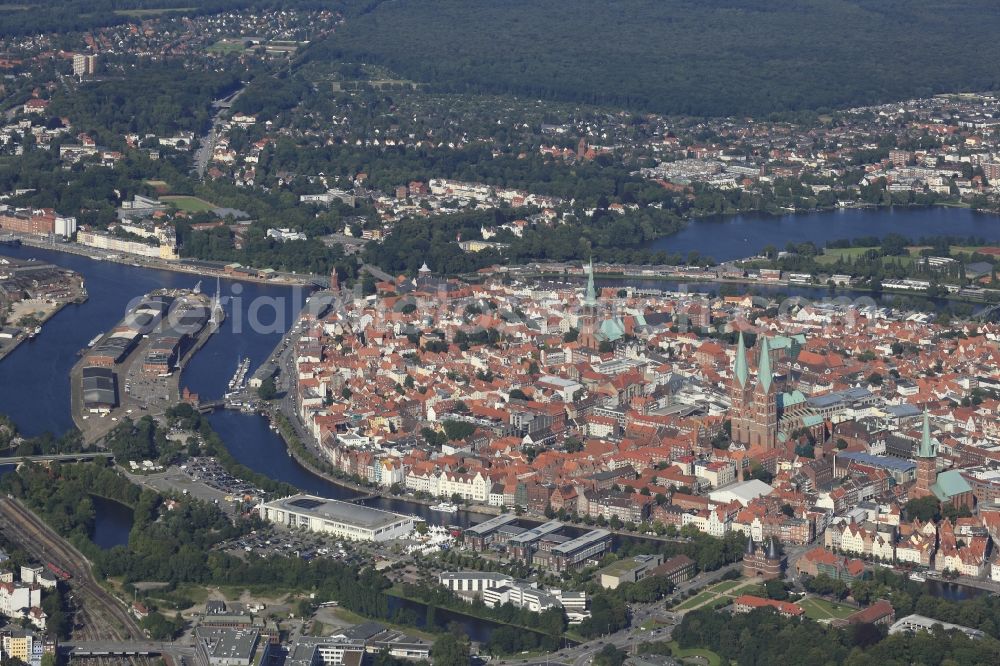 Lübeck from the bird's eye view: Hanseatic City of Luebeck with the Holsten Gate in Schleswig-Holstein. Venue for the G7 summit in 2015