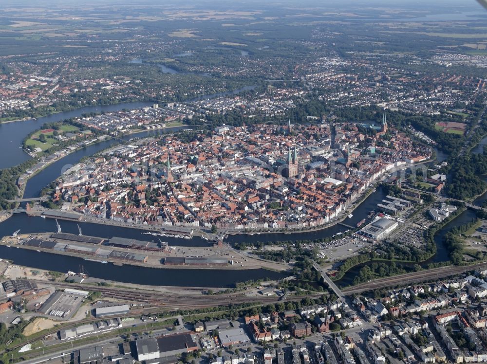 Lübeck from above - Center of the Hanseatic city of Luebeck with central station and old town island in Schleswig-Holstein