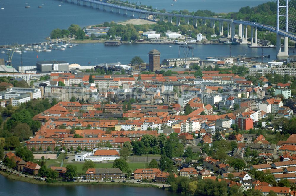 Aerial image Stralsund - Blick auf die Hansestadt Stralsund, eine kreisfreie Stadt in Mecklenburg-Vorpommern im Norden Deutschlands. Die Stadt liegt am Strelasund, einer Meerenge der Ostsee, und wird auf Grund ihrer Lage als Tor zur Insel Rügen bezeichnet. Die Stadt ist zusammen mit Greifswald eines der vier Oberzentren des Landes. Die Altstadt gehört seit 2002 zum UNESCO-Weltkulturerbe.