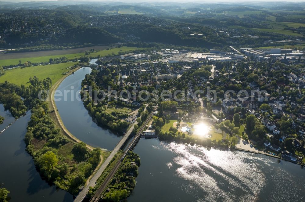 Aerial photograph Wetter - Harkort- lake with Obergraben and sun reflection in the outdoor weather in the Ruhr area in North Rhine-Westphalia